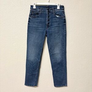 MOTHER High-Rise Button-Fly Slim Jeans in Medium Wash Blue